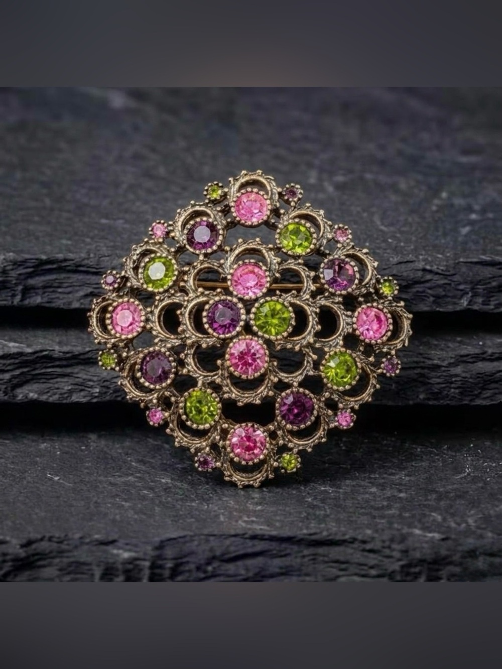 Vintage 70s Sarah Coventry Austrian Lights Multicolor Crystal Gold Tone Brooch